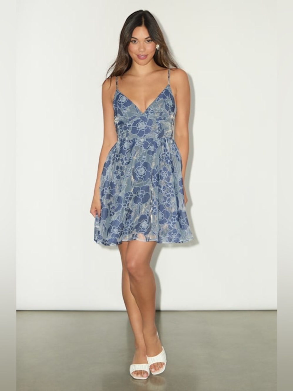 Lulu's Floral Feelings Blue Floral Jacquard Babydoll Mini Dress XL